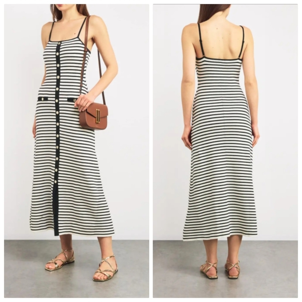 New Caroline Constas Navy/White Striped Rib Knit Maxi Dress Small NWT